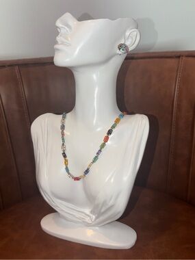Vintage Murano Multi Color Glass Bead Necklace earrings set 925